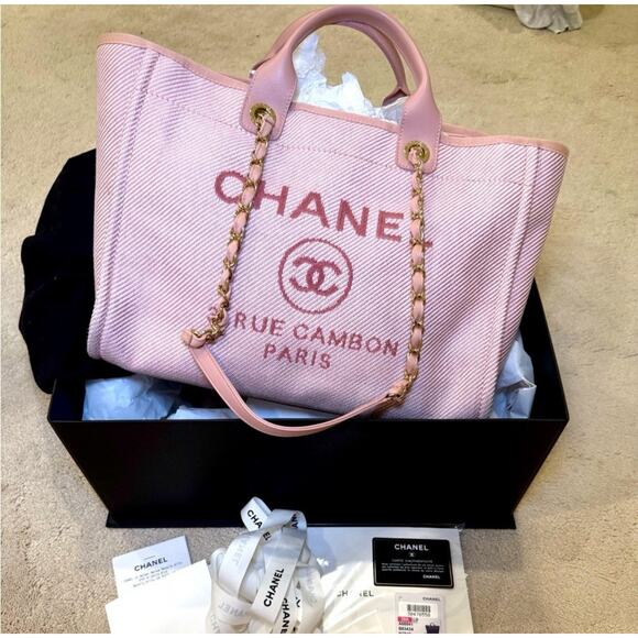 CHANEL Pink Deauville 20a🦄 Medium Large Tote Bag Chain Cc Logo EXCELLENT - Picture 1 of 7